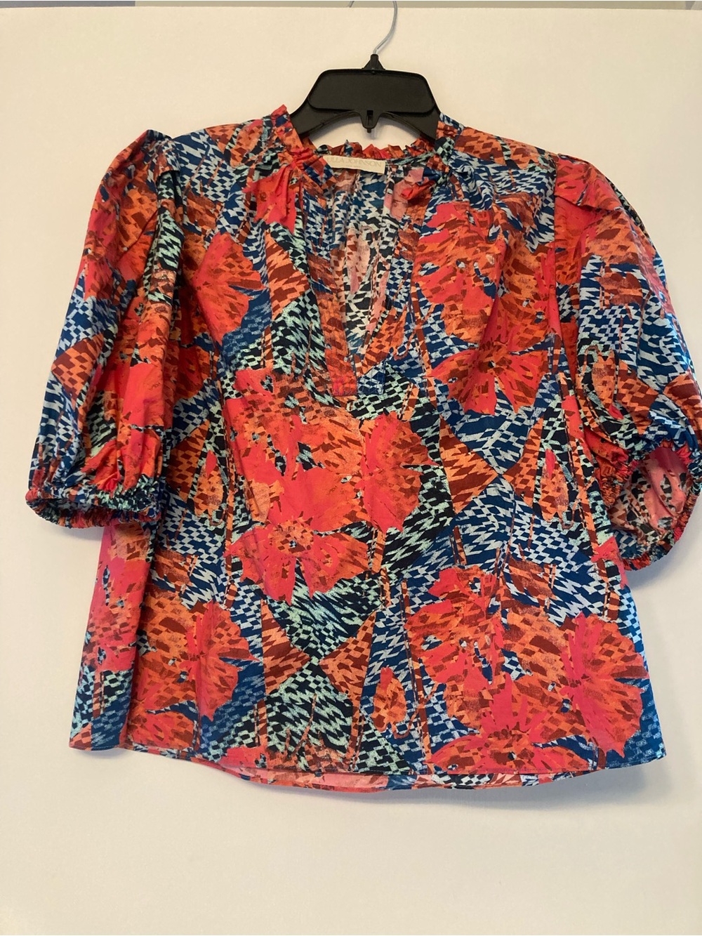 Ulla Johnson Coral, Blue & Orange Floral Print Puff Sleeve Blouse